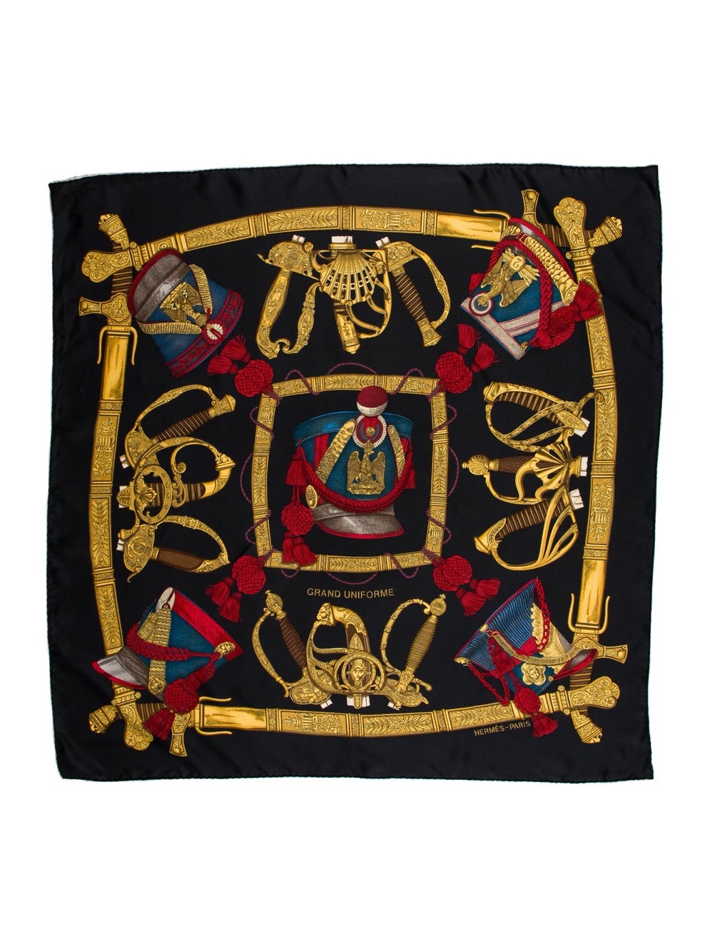 Hermes Black Silk Scarf With Gold, Red And Blue Military Motif